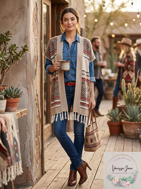 Fresh Womens Jacquard Aztec Print Cardigan Sweater With Fringe, Size Large