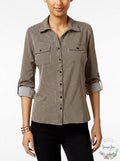 NY Collection Womens Petites Striped Utility Button-Down Top, Size PL