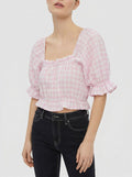 VERO MODA Gingham Crop Top in Snow White Checks Parfait Pink, Size XL