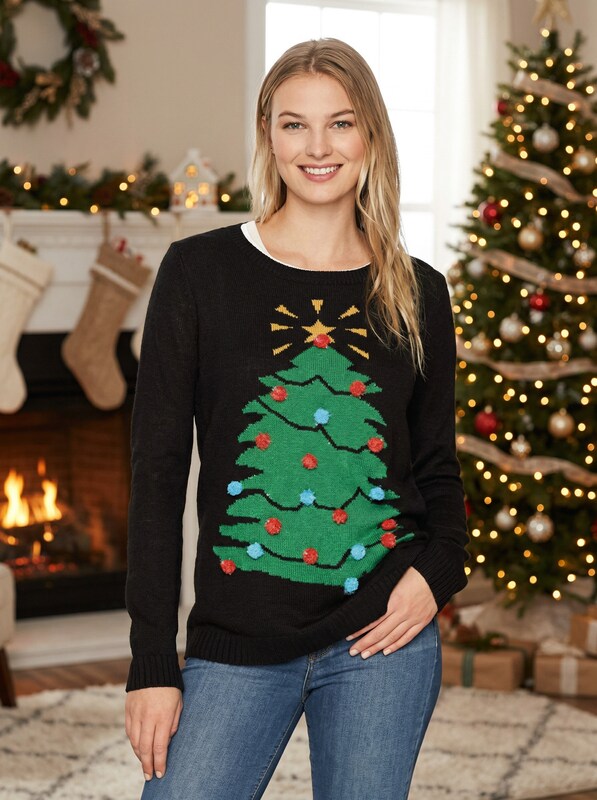 Erika Womens Lynn Twinkle Tree Pullover Ugly Christmas Sweater, Size XL
