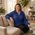 Ny Collection Blouse Navy Plus Split Neck Bishop Sleeve,Size 2X