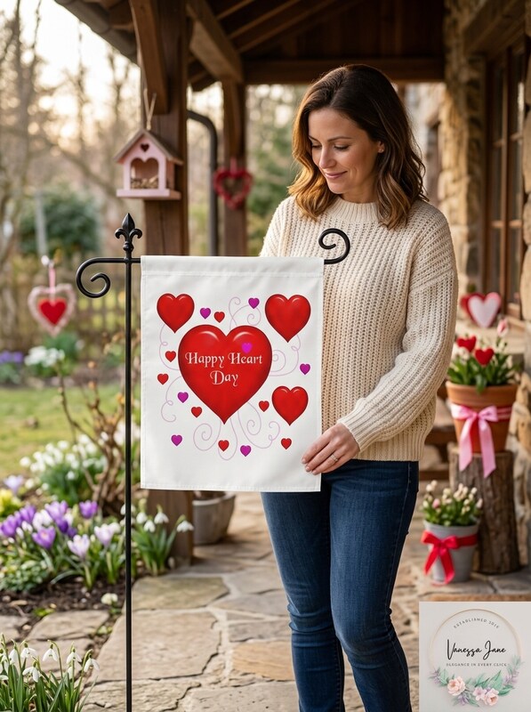Garden Flag, 12 by 18-Inch, HEARTS HAPPY HEART