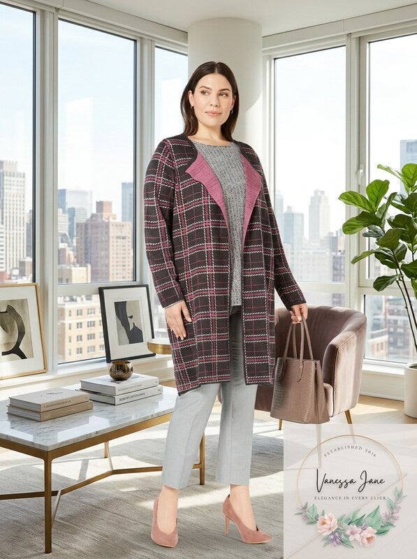 NY Collection Plus Size Jacquard Plaid Cardigan, Size 1X