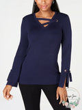 JM Collection Women's Grommet Trim V Neck Top Blue Size Small