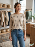 White House Black Market WHBM Sweater, Tan with Jewel Embellishments, Size S