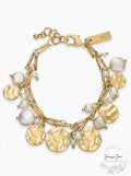 Inc Gold-Tone Imitation Pearl and Hammered Disc Shaky Charm Bracelet