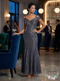 R & M Richards Off-the-Shoulder Lace Gown, 8