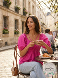 Aqua Cutout Puff Sleeve Top, Hot pink,Size Small
