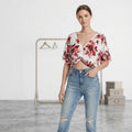 Aqua Flutter-Sleeve Floral Cropped Top, Size Medium