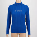 Bebe Rhinestone Mock Neck Ribbed Knit Sweater, Blue Size Large