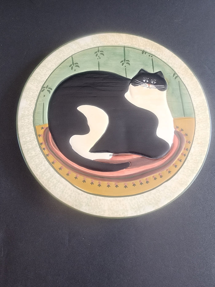 Sakura Warren Kimble Black White Fat Cat Trivet 9.75" Handpainted Stoneware, great for Country Farmhouse