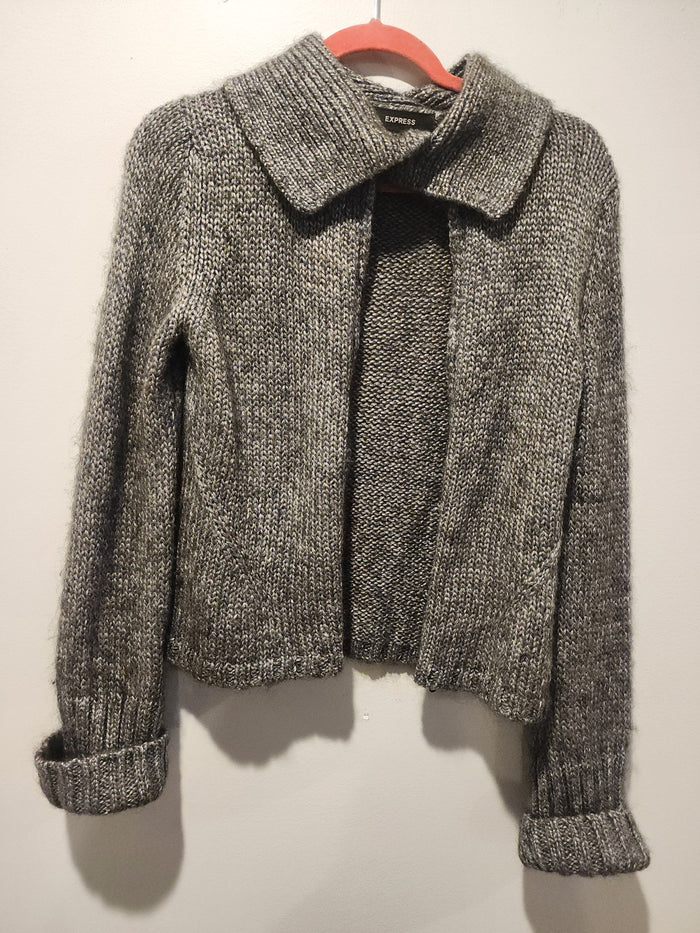 Express Vintage Gray Knit Sweater Jacket L Zipper Cropped Marled Wool Blend