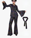 Groovy 70s Disco Outfit for Women L - Shimmering Bell Bottoms & Top w/ Neck Tie Adult Large