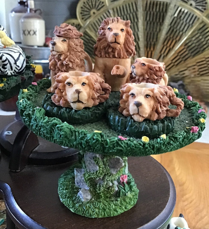 Lion Miniature Tea Set Resin Tray , Pot Sugar Creamer Cups & Saucer 8 Piece Set