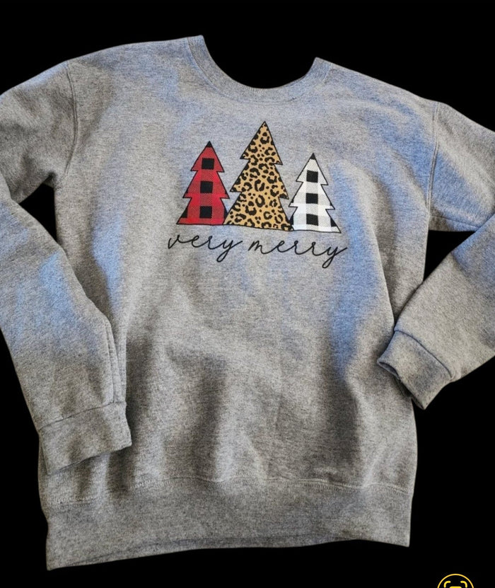 Girls' "Very Merry" Christmas Tree Sweatshirt Gray Buffalo Plaid Leopard Large