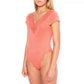 Bebe Logo Lace Plunge Bodysuit, Peach, Size Medium