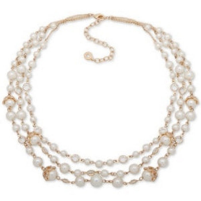 Anne Klein Gold-Tone Pave Imitation Pearl Triple-Row Necklace, 16 + 3