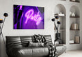 Violet Neon Party Sign Glass Wall Art