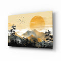 Golden Sun Disc Pine Forest Birds Glass Wall Art