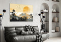 Golden Sun Disc Pine Forest Birds Glass Wall Art