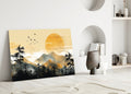 Golden Sun Disc Pine Forest Birds Glass Wall Art